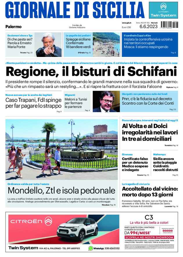 Prima pagina del Giornale di Sicilia del 19-05-2022